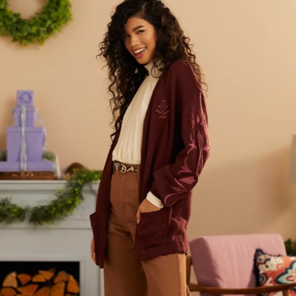 Her Universe Burgundy Cardigan with Pink Embroidery - Picture 2 of 6